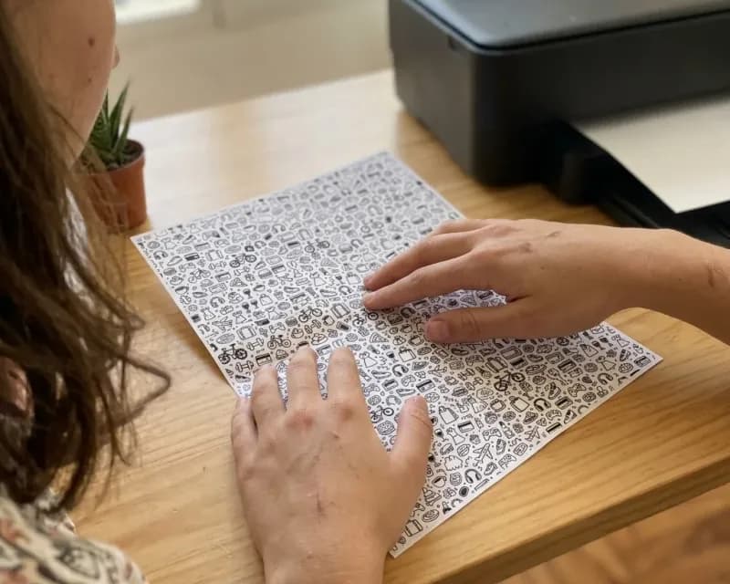 Unas manos alisando sobre la mesa la hoja estampada, antes de doblarla.