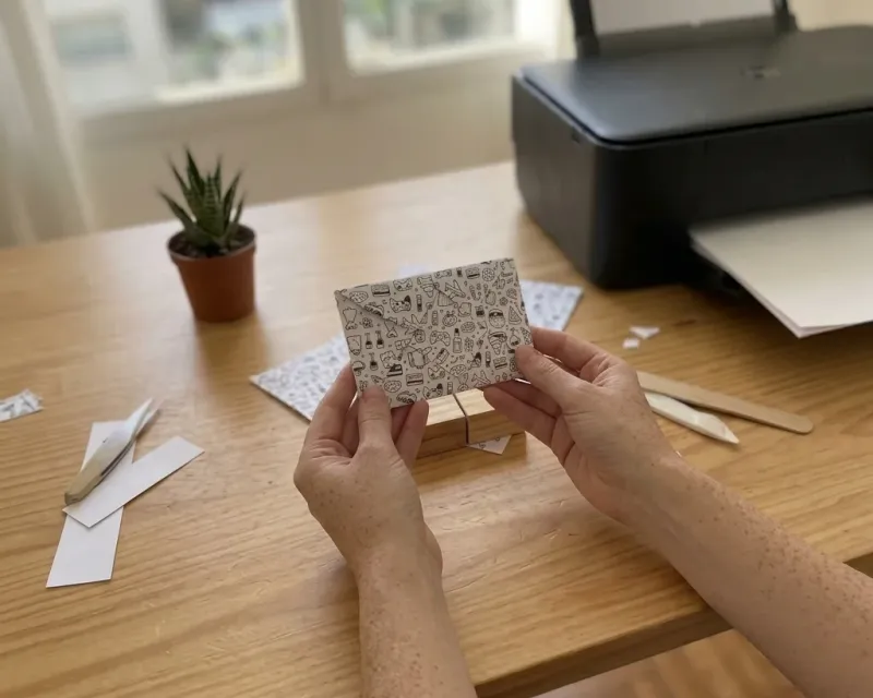 Unas manos sosteniendo el sobre de origami ya armado, con su papel estampado de dibujos.
