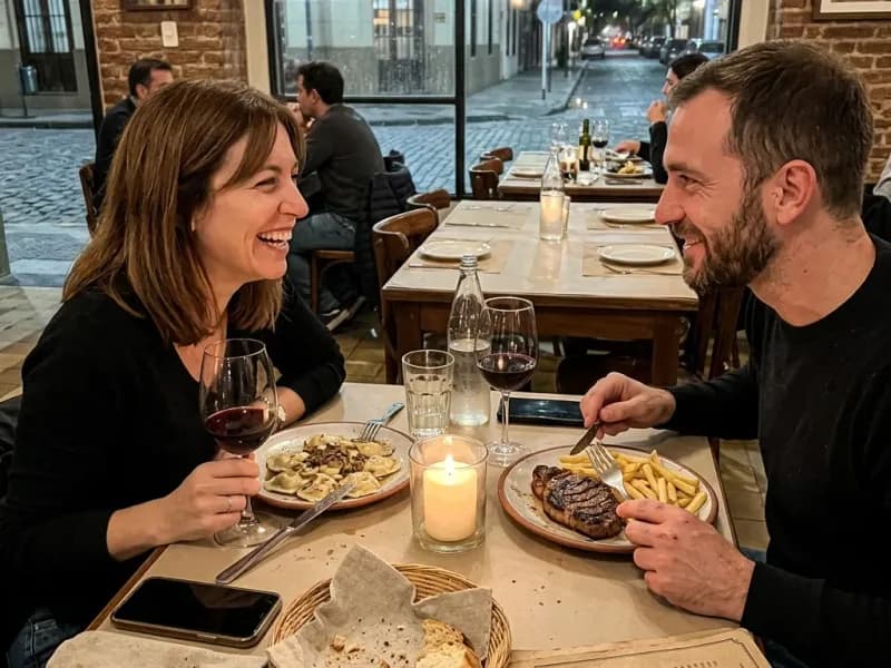 Una pareja riéndose en la mesa de un bodegón, con vino, ravioles y un bife con papas fritas.